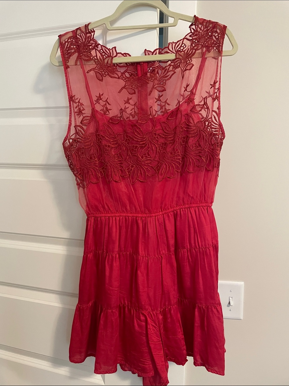 Free People Red Embroidered Mesh Yoke Mini Dress